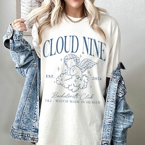 Mariée personnalisée sur des chemises de club de Bachelorette de vin de Cloud Nine, t-shirts de match de chérubin faits dans le ciel, chemises d&#39;enterrement de vie de jeune fille de luxe, articles de mariage