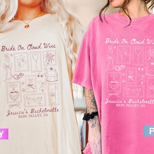 Chemise vin mariée sur nuage, t-shirt EVJF, chemises de mariée personnalisées, chemise voyage fille, cadeau de douche nuptiale de luxe couleurs confort