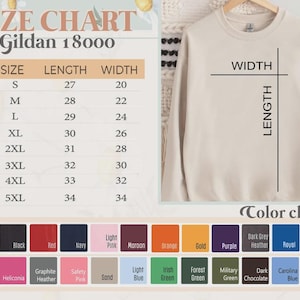 May include: A cream-colored Gildan 18000 sweatshirt with a size chart and color options. The size chart shows measurements in inches for sizes S through 5XL. Color options include white, black, red, navy, and more.