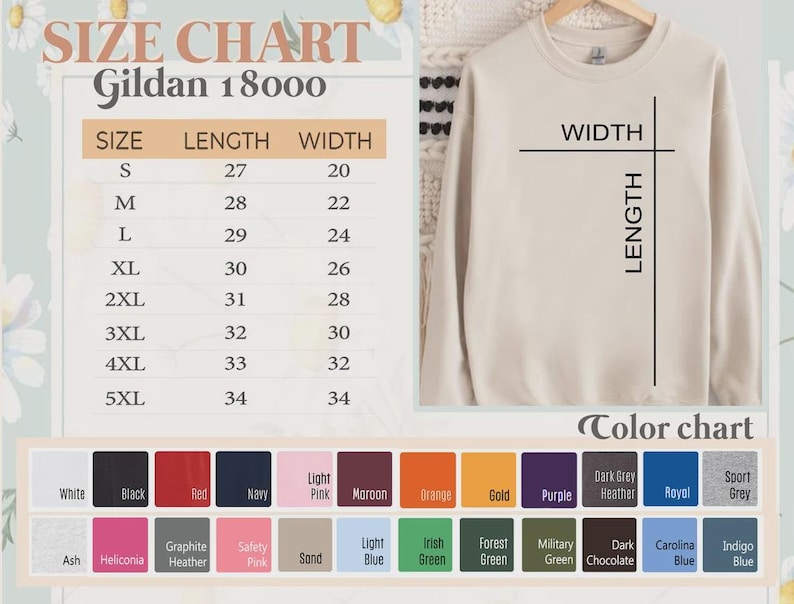May include: A cream-colored Gildan 18000 sweatshirt with a size chart and color options. The size chart shows measurements in inches for sizes S through 5XL. Color options include white, black, red, navy, and more.