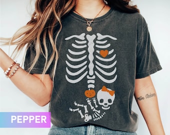 Skeleton Halloween Maternity Comfort Colors Shirt, New Baby Girl Pregnancy Announcement Shirt 2026, Pregnant Women Shirt, Mommy to Be Shirt
