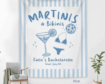 Möhippa-dekor, anpassad strandmöhippa-banderoll, martinis och bikinis, kustmöhippa, strandmöhippa-tapet
