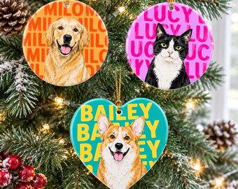 Custom Pet Portrait Ornament – Hand Drawn Dog Ceramic Decoration, Cat Personalized Holiday Tree Memorial Gift With Name, Pup Remembrance