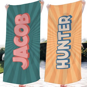 Serviette de plage personnalisée de style rétro, serviette de bain avec nom personnalisé, serviette de piscine personnalisée, serviette de plage avec nom, cadeau de vacances d'anniversaire extérieur