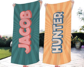 Toalla de playa personalizada de estilo retro, toalla de baño con nombre personalizado, toalla de piscina personalizada, toalla de playa con nombre, regalo de vacaciones de cumpleaños al aire libre