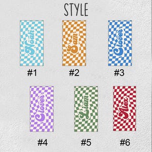 May include: Six different styles of checkered beach towels with a retro design. Each towel features a different name in a wavy font. The names are Noah, Sam, Clover, Liam, Alex, and Clover.