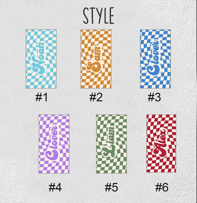 May include: Six different styles of checkered beach towels with a retro design. Each towel features a different name in a wavy font. The names are Noah, Sam, Clover, Liam, Alex, and Clover.