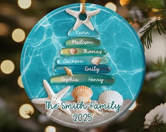 Custom Family Sea Glass Ornament, Personalized Beach Christmas Tree Decoration, Coastal Ocean Ornament with Names, Tropical Holiday Keepsake