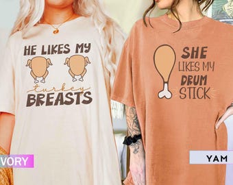 Camisa de parejas de Acción de Gracias, camisa de Acción de Gracias de parejas de palo de tambor de pechuga de pavo, camisa divertida a juego de Acción de Gracias, sudaderas de pareja divertidas