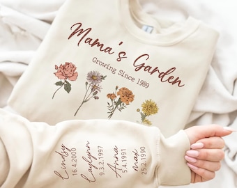Mama's Garden Sweatshirt, Custom Birth Month Flower and Kids Names on Sleeve, Mothers Day Gift, Personalized Mama Birthday Gift, Mom Gifts