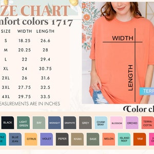 May include: A size chart for Comfort Colors 1717 t-shirts, with measurements in inches. The chart includes sizes S to 4XL, with width and length dimensions. A terracotta-colored t-shirt is shown, along with a color chart featuring various hues.