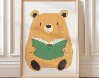 Reading Bear Nursery Wall Art, Cute Animal Print for Kids Room, Book Lover Toddler Decor, Cozy Playroom Poster, Digital Download Artwork