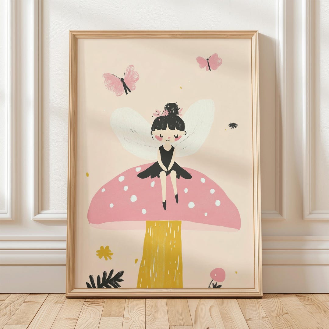Fairy on Mushroom Wall Art, Whimsical Nursery Print for Girls Room ...