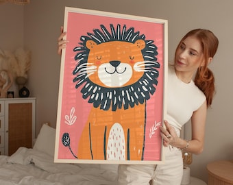 Smiling Lion Wall Art – Cute Jungle Animal Nursery Print, Safari Theme Kids Poster, Pink Background Lion Artwork for Playroom or Baby Room