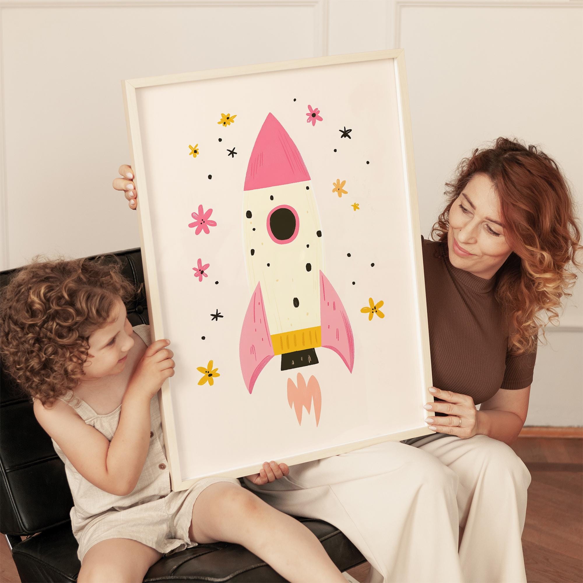 Pink Rocket Ship Wall Art, Space Theme Nursery Print, Cute Outer Space ...