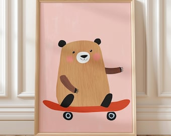 Skateboarding Bear Wall Art Pink Nursery Decor for Kids Room Playful Animal Poster Gender Neutral Bear Print Cute Skater Artwork Gift Idea