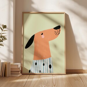 Striped Dog Wall Art Modern Puppy Print in Pastel Green for Nursery or Playroom Whimsical Animal Poster Kids Room Decor Minimal Style