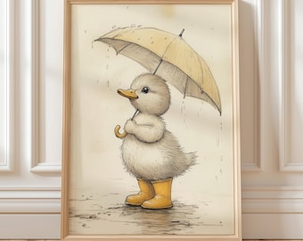 Cute Duckling in Rain Boots Nursery Wall Art Baby Duck with Umbrella Printable Poster Whimsical Animal Print for Kids Room Baby Decor