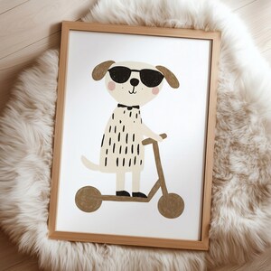 Arte de parede de cachorro-scooter – pôster de cachorrinho legal com óculos de sol, impressão de berçário para quarto de meninos, decoração de parede de animais moderna, arte de sala de jogos