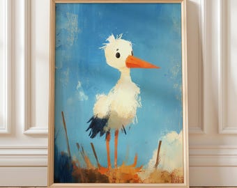 Cute baby stork nursery wall art blue sky animal illustration gender neutral bird print whimsical kids room decor newborn gift printable