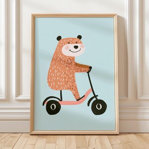 Bear on Scooter Printable Wall Art, Playful Animal Poster for Kids Room, Whimsical Nursery Print, Cute Transportation Decor Download