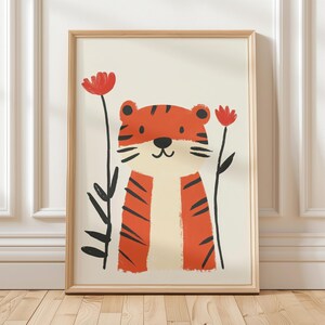 Tiger with Flowers Wall Art, Cute Animal Nursery Print for Kids Room, Whimsical Jungle Poster, Playroom or Baby Room Decor, Digital Download