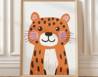 Smiling Leopard Wall Art, Cute Jungle Animal Nursery Print, Baby Room Decor, Gender Neutral Kids Poster, Playroom Art, Digital Download