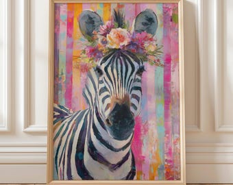 Stampa artistica da parete con zebra - Ritratto colorato di animale con corona di fiori su sfondo astratto vibrante, opera d'arte moderna con animali selvatici per l'arredamento di casa