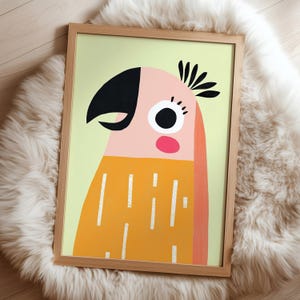 Arte de parede de papagaio colorido, pôster de pássaro tropical brincalhão, decoração de quarto infantil, impressão de berçário na selva, ilustração de animal, fundo verde brilhante