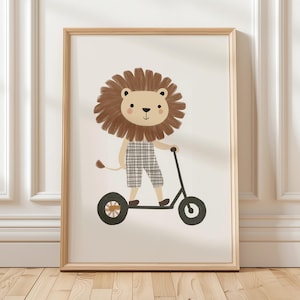 Arte de pared para habitación infantil con diseño de león en scooter, estampado de animales de la selva para habitación infantil, póster moderno de safari para sala de juegos, decoración para niños pequeños, descarga digital