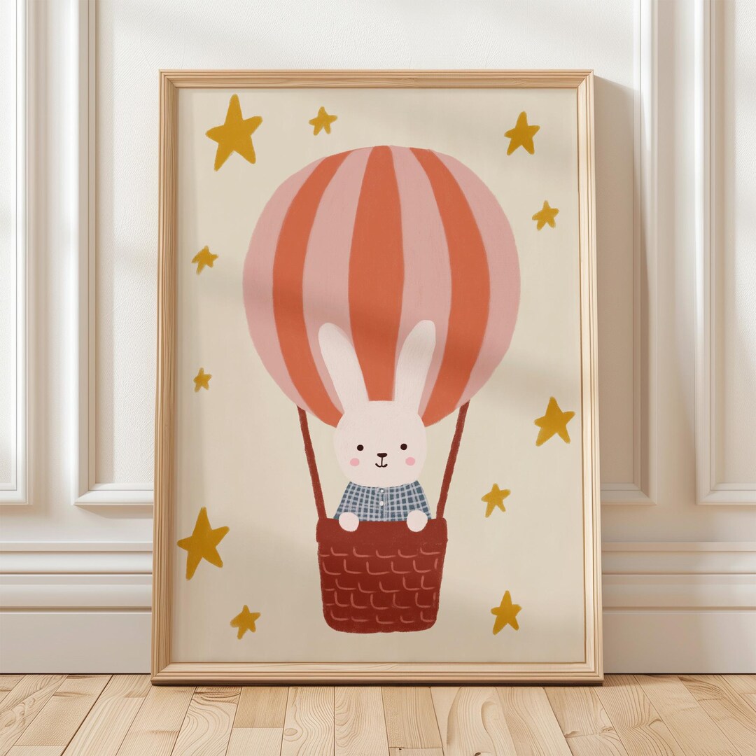Bunny Hot Air Balloon Nursery Wall Art Cute Rabbit Print Baby Room ...