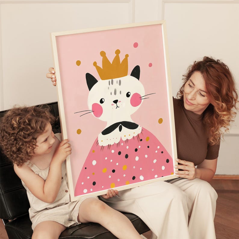 Princess Cat Wall Art Pink Nursery Decor for Girls Cute Cat Poster Baby ...