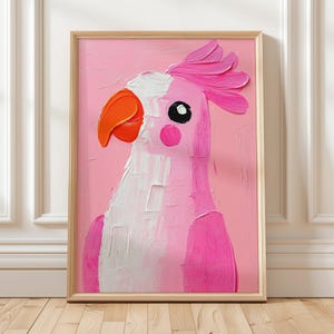 Arte de parede de papagaio rosa, pintura de pássaro tropical, decoração colorida para berçário, estampa de animal vibrante, pôster para quarto infantil, tema de selva, ilustração divertida