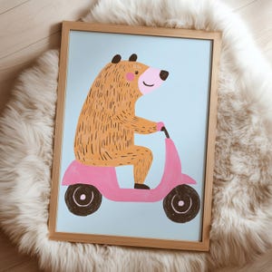 Scooter Bear Wall Art Printable, Fun Animal Poster for Kids Room, Playful Nursery Decor, Cute Bear on Bike Digital Download