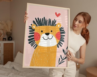 Happy Lion Nursery Print, Smiling Jungle Animal Wall Art for Kids, Cute Safari Poster, Whimsical Baby Room Digital Download