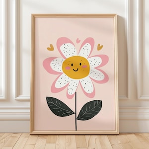 Arte mural de flores sonrientes, bonito estampado floral para habitación infantil, póster rosa para habitación infantil, decoración floral alegre, arte botánico para sala de juegos, descarga digital