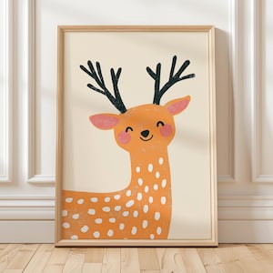 Smiling Deer Wall Art Woodland Animal Nursery Print Cute Antler Forest Poster Gender Neutral Kids Room Decor for Boys and Girls Gift Idea