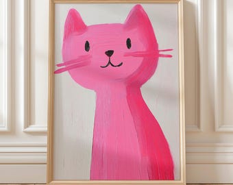 Rosa Katze Wandbild, Niedliche Minimal Art Katze Gemälde Kinderzimmer Dekor Bunte Tier Poster Wunderliche Katzen Kunstwerk Helle Kinderzimmer Illustration