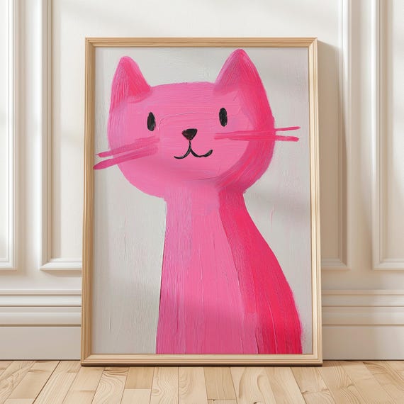 Pink Cat Wall Art Cute Minimal Cat Painting Kids Room Decor Colorful Animal Poster Whimsical Feline Artwork Bright Nursery Illustration