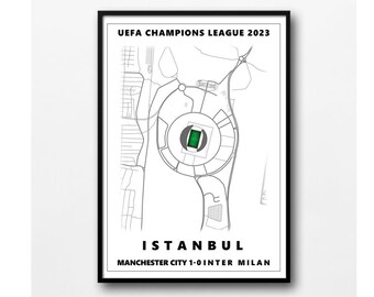 Mapa conmemorativo de la final de la Champions League 2023 entre el Manchester City y el Inter de Milán. Estadio de fútbol para imprimir.