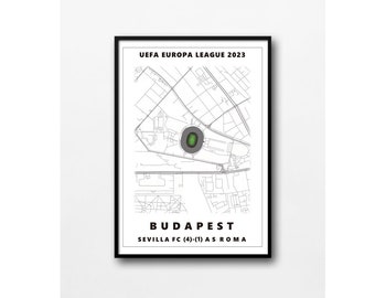 Mapa conmemorativo de la final de la UEFA Europa League 2023 entre el Sevilla FC y la AS Roma. Impresión del mapa del estadio de fútbol.