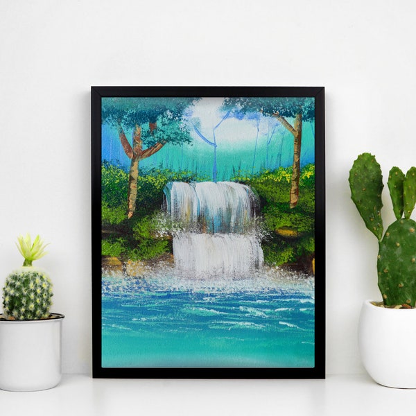 Waterfall Landscape painting, Waterfall Nature Panorama, blue, green art  - Digital Download Wall Art -High Quality JPGs - Digital Download,