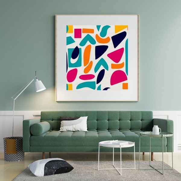 Scenic Splendor: Abstract Mountain Patchwork - Vibrant Wall Art with Floral Accents