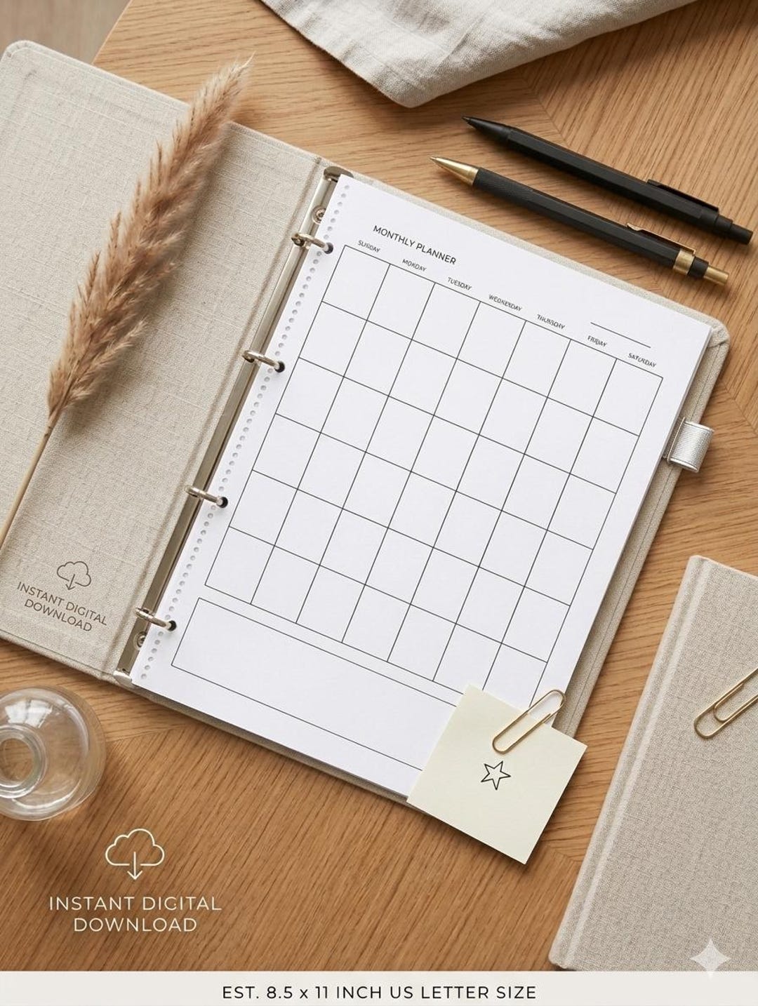 Minimalist Monthly Planner Printable | Undated Sunday Start Calendar