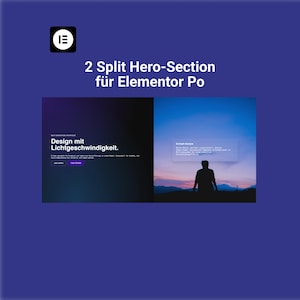 Könnte beinhalten: Ein digitales Design mit dem Text "2 Split Hero-Section für Elementor Po" in Weiß. Das Bild ist in zwei Abschnitte unterteilt, einen mit Text und den anderen mit einer Silhouette einer Person vor einem Sonnenuntergang.