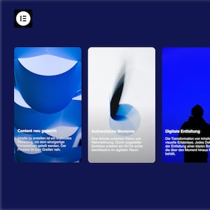 Könnte beinhalten: Digitales Interface mit drei weißen rechteckigen Karten vor einem dunkelblauen Hintergrund. Jede Karte enthält Text und abstrakte blaue und weiße Designs. In der oberen linken Ecke befindet sich ein weißes Symbol.