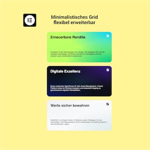 Könnte beinhalten: Gelber Hintergrund mit einem schwarz-weißen Logo oben links. Der Text lautet "Minimalistisches Grid flexibel erweiterbar". Drei farbige Rechtecke mit Text befinden sich darunter. Das erste ist grün, das zweite ist lila und das dritte ist weiß.