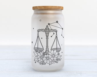 Personalized Libra Frosted Glass Can Tumbler with Bamboo Lid and Straw, 16oz Iced Coffee Glass, Zodiac Gift for Libra