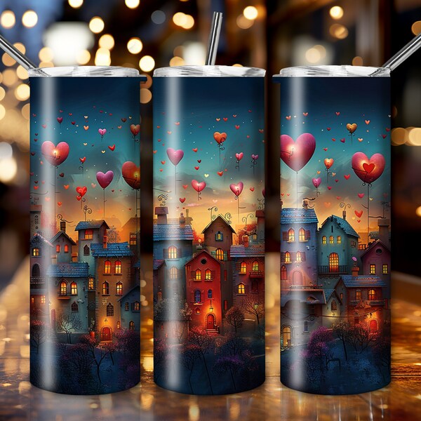 Tumbler Designs, Valentine Village Indian Tumbler Wrap, Hearts and Homes Tumbler Template, PNG Instant Download, Container Graphic, Quaint