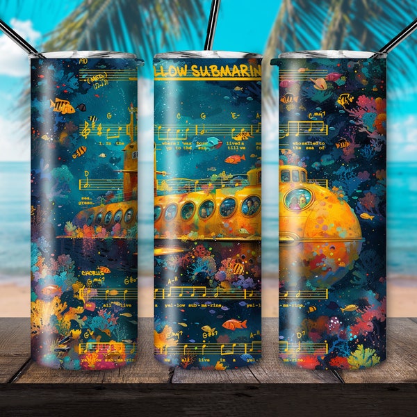 Tumbler Designs, Yellow Submarine Tumbler Wrap, Sheet Music Tumbler Template, Instant Download, Digital Download, Container Art, Retro Music